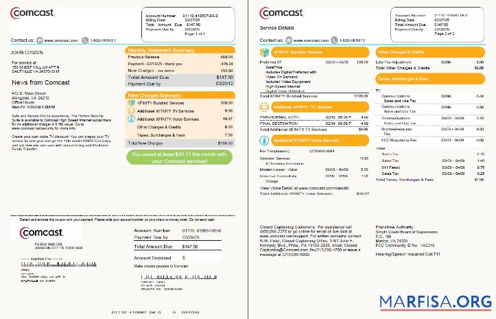 Blank USA Comcast utility bill template in Word and PDF formats, 2 pages